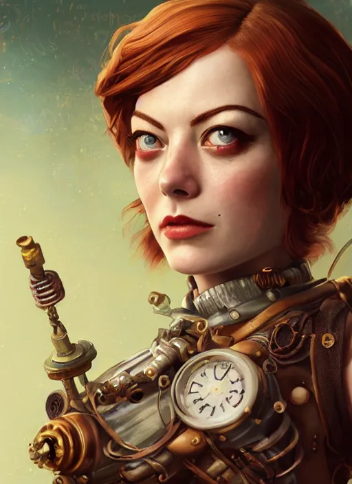 Image similar to Steampunk Bioshock portrait of Emma Stone, au naturel, hyper detailed, digital art, trending in artstation, cinematic lighting, studio quality, smooth render, unreal engine 5 rendered, octane rendered, art style by klimt and nixeu and ian sprigger and wlop and krenz cushart