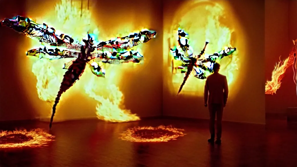 Prompt: a giant dragonfly, made of blood and fire, floats through the living room, film still from the movie directed by Denis Villeneuve with art direction by Salvador Dalí, wide lens