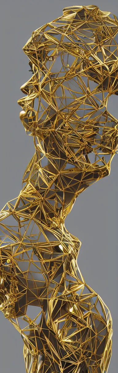 Prompt: epic illustration, low poly gold, neobrutalistic, digital abstract sculpt of beautiful female face body and black swirling latex acrylic portrait, black latex sculpt, minimalism, mechanical superstructure, sacred geometry, 8 k, cinematic, magic hour, beautiful light, sculpture of carving marble, dark colors, filigree ornaments, one point light, clockwork, epic matte painting