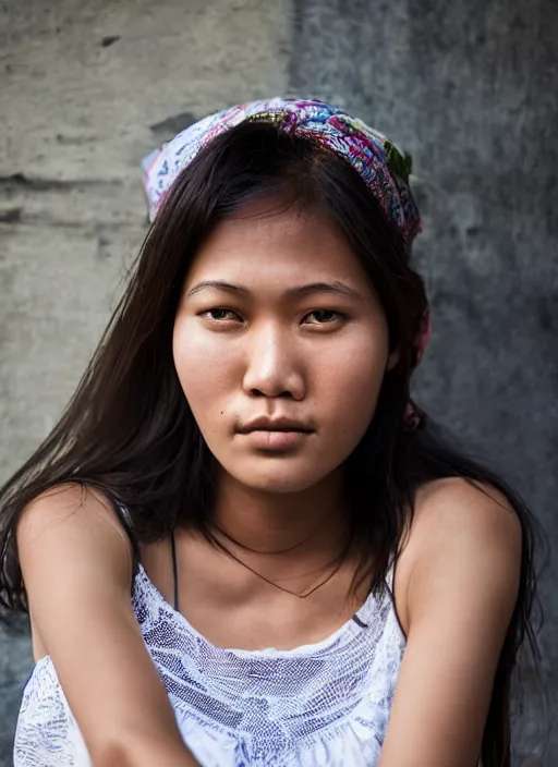 Image similar to Mid-shot portrait of a beautiful 20-years-old woman from Indonesia, with long hair, candid street portrait in the style of Martin Schoeller award winning, Sony a7R