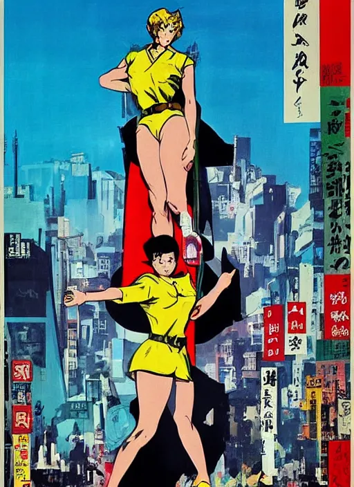 Image similar to attack of the 5 0 foot woman ( 1 9 5 8 ) film as a giant japanese cosplay, girl towering over buildings, by ashley wood, yoji shinkawa, jamie hewlett, 6 0's french movie poster, french impressionism, vivid colors, palette knife and brush strokes, dutch tilt