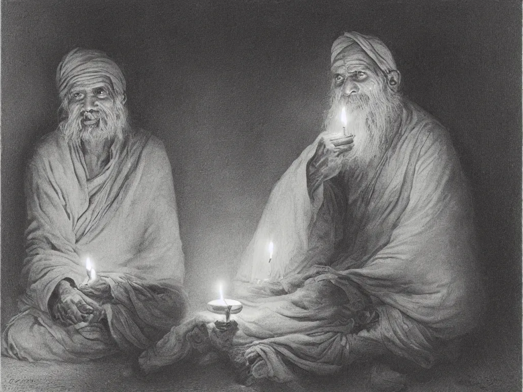 Image similar to Expressive portrait of an old Indian yogi. Candlelight. Painting by Gustave Dore, August Sander