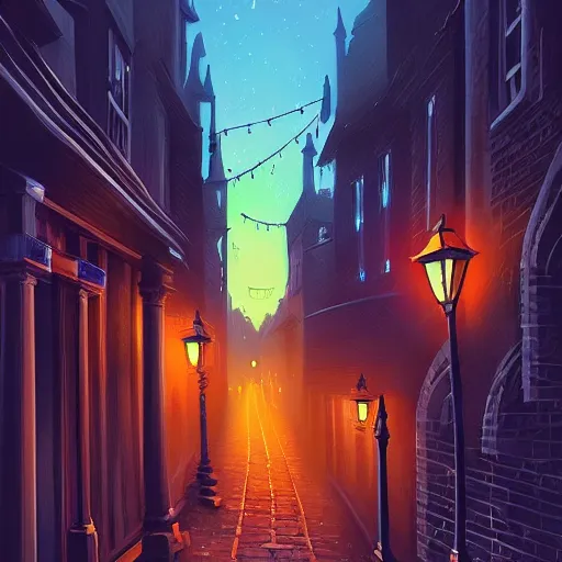 Image similar to A quaint, magical, medieval, winding London street at night, digital painting by Alena Aenami, trending on artstation