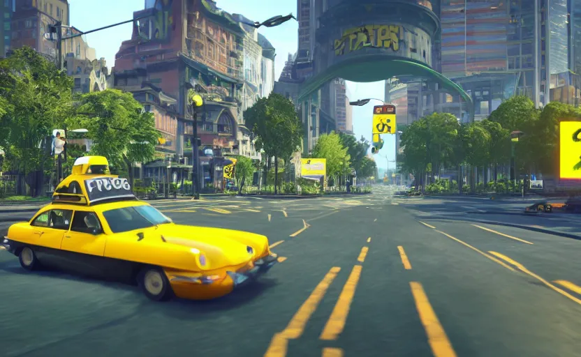 Image similar to ps 4 game about a frog driving a taxi, unreal 4 screenshot,