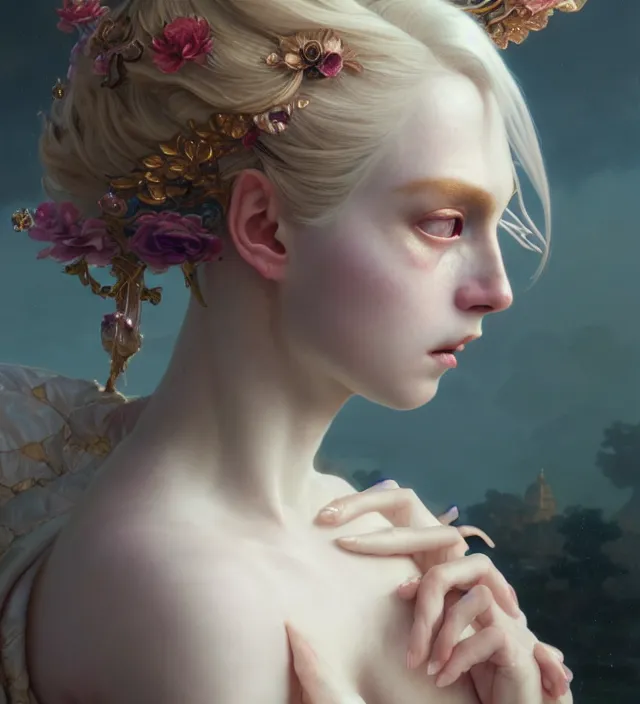 Image similar to baroque portrait of a blonde princess of porceline skin, floral tattoos, cinematic lighting, photorealistic, octane render, 8 k, depth of field, art by artgerm and greg rutkowski and alphonse mucha and uang guangjian