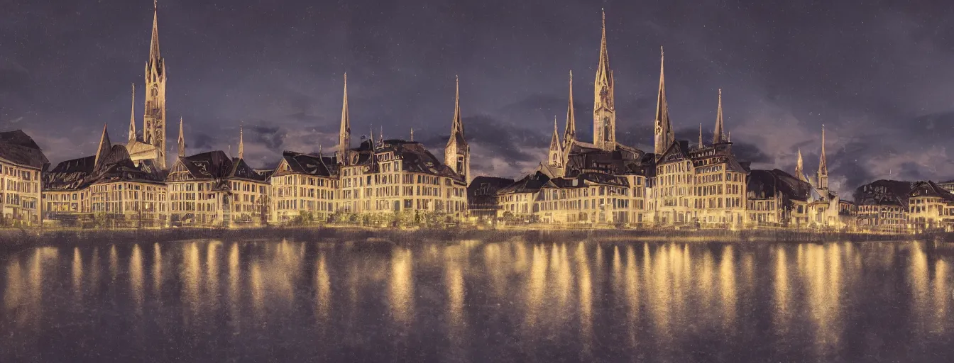 Prompt: Digital painting of Neo-Gothic Zurich, Limmat and the lake at night, wide angle, volumetric light, hyperdetailed, artstation, cgsociety, 8k