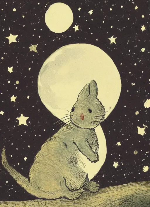 Image similar to candid portrait of a moon with a face in the starry sky, illustrated by peggy fortnum and beatrix potter and sir john tenniel