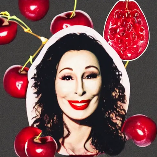 Image similar to the red fruit cherry, collage with the face of cher on it