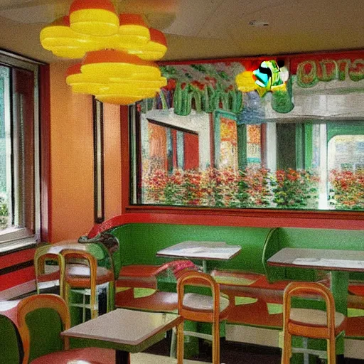 Image similar to mcdonalds designed by Claude Monet, interior photography