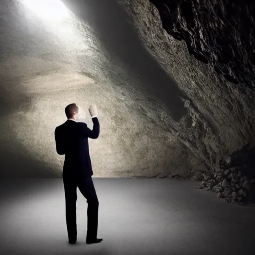 Prompt: rich businessman holding inside dark cave