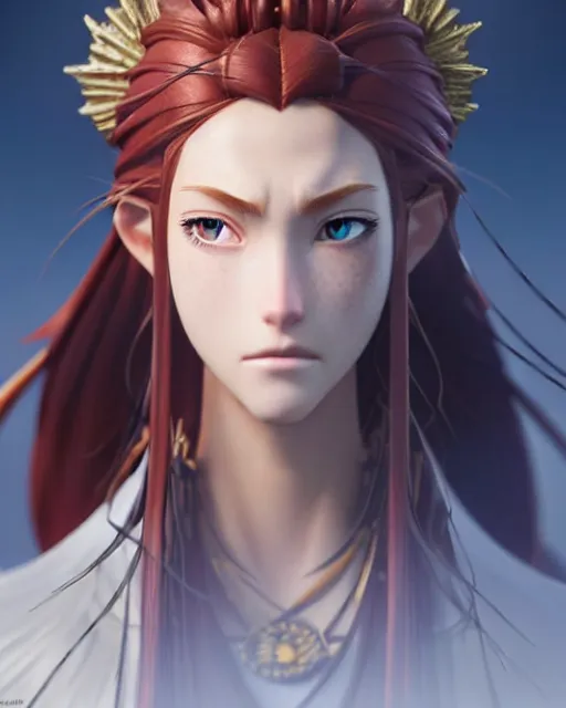 Image similar to azctec warrior, katherine mcnamara, detailed perfect face, exquisite details, fire magic, mid view, design on a white background, by studio muti, greg rutkowski makoto shinkai takashi takeuchi studio ghibli