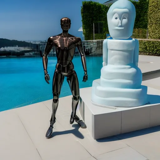 Image similar to a realistic detailed photo of a guy who is an attractive humanoid who is half robot and half humanoid, who is a male android, french actor cyril gossbo, shiny skin, posing like a statue, blank stare, by the pool, on display, showing off his muscles, humanoid robot, frozen ice statue