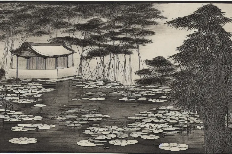 Image similar to a small wood house with lotus relief, in a serene landscape, waterlily pond, chinese ink painting, white color scheme