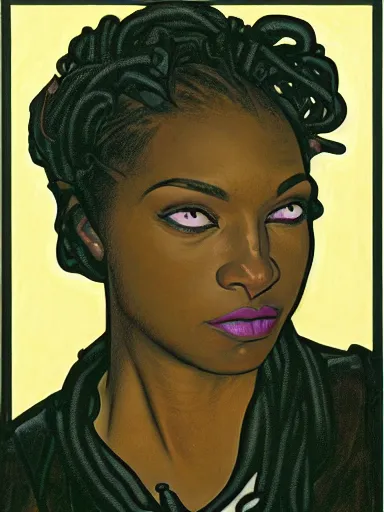 Prompt: portrait of a modern (black) woman wearing a dark shirt, upper body 2d game avatar, Donato Giancola, Kodak film stock, chiaroscuro lighting, stylized bold outline, default pose neutral expression, expressionist colour, face-on head shot, close-up, eye-contact, sharp focus, shape language, Alphonse Mucha/Gustav Klimt style, alpha masked transparent flat background, 4k, volumetric lighting, French Nouveau, trending on artstation, octane render, ultra detailed, hyperrealistic