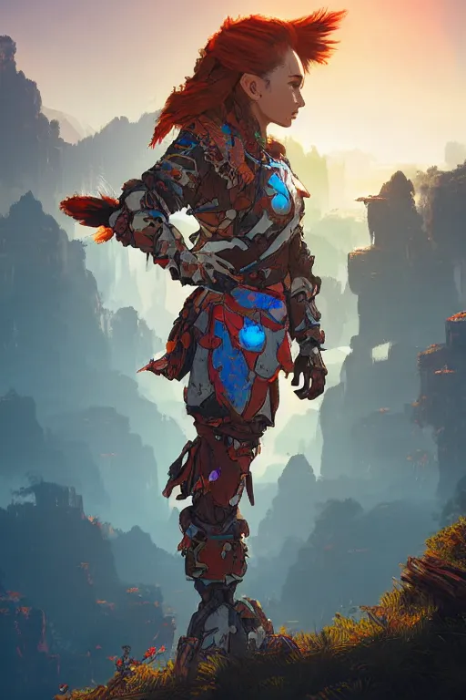 Image similar to combination suit armor aloy horizon forbidden west horizon zero dawn radiating a glowing aura global illumination ray tracing hdr fanart arstation by ian pesty and alena aenami artworks in 4 k tribal robot ninja mask helmet backpack