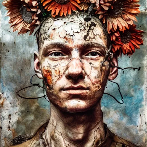 Image similar to a painting of a very ordinary person, by Anselm Kiefer, mixed media, rusted metal, flowers, anatomically correct, beautiful perfect face, sharp focus, Highly Detailed, Cinematic Lighting, octane render, volumetric lighting, post-production, 8k, HD