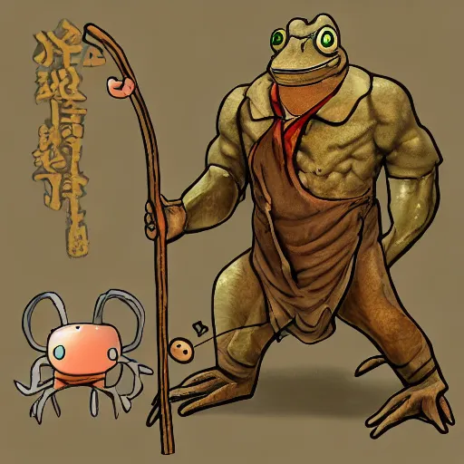 Image similar to A oldman frog holding himself with a staff. Artstation, Hiroaki Tsutsumi style