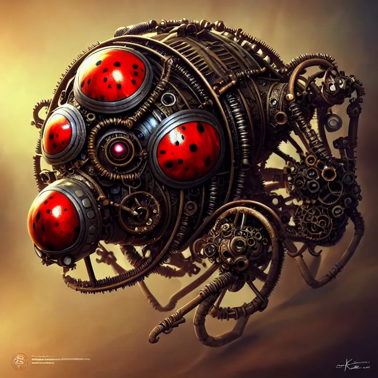 Image similar to steampunk ladybug, biomechanical, very coherent symmetrical artwork, cinematic, 3 d model, unreal engine realistic render, 8 k, micro detail, intricate, elegant, highly detailed, centered, digital painting, smooth, sharp focus, illustration, artgerm, tomasz alen kopera, by wlop