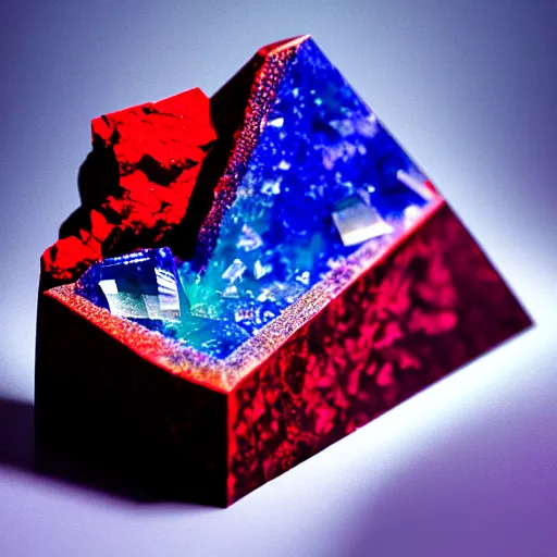 Image similar to a mineral rock, in a dark studio room, vaporwave theme. Photography of rare minerals. Tanzanite, Red Beryl, Bixbite, Red Emerald, Scarlet Emerald, Opal, Quartz, Elbaite, Calcite, Kunzite. in the style of artgerm.