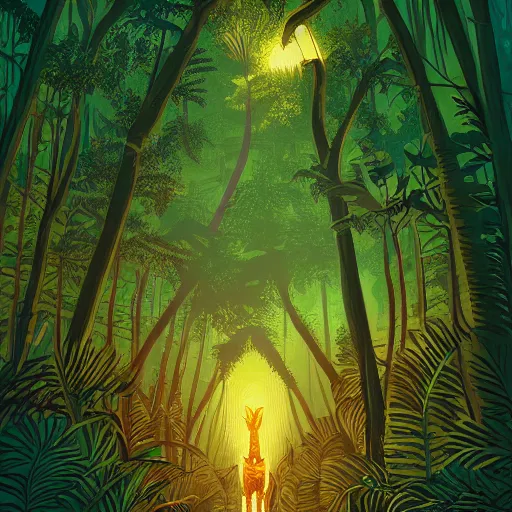 Prompt: a path through the jungle illuminated with torches, by dan mumford, artstation