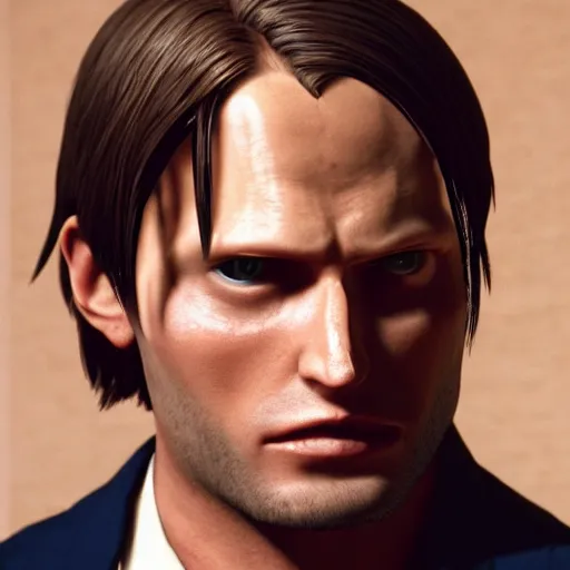 Image similar to Leon Kennedy from Resident Evil as The American Psycho, sweating intensely, cinematic still