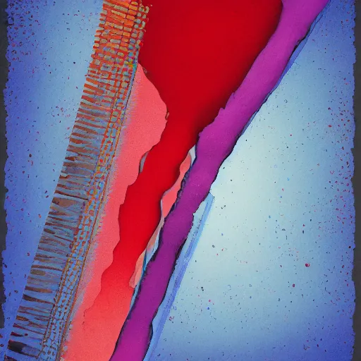 Prompt: the brittle. digital painting, vertical, intricate, beautiful, detailed, grunge, illustration, abstract art by georgia o'keeffe and el lissitzky and malevich and kandinsky, trending on artstation. blue, dark red and dark purple color scheme, gradient darker to bottom