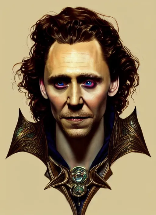 Image similar to portrait of tom hiddleston as a vampire lord, jewelry, intricate, headshot, highly detailed, digital painting, artstation, concept art, sharp focus, cinematic lighting, illustration, art by artgerm and greg rutkowski, alphonse mucha, cgsociety