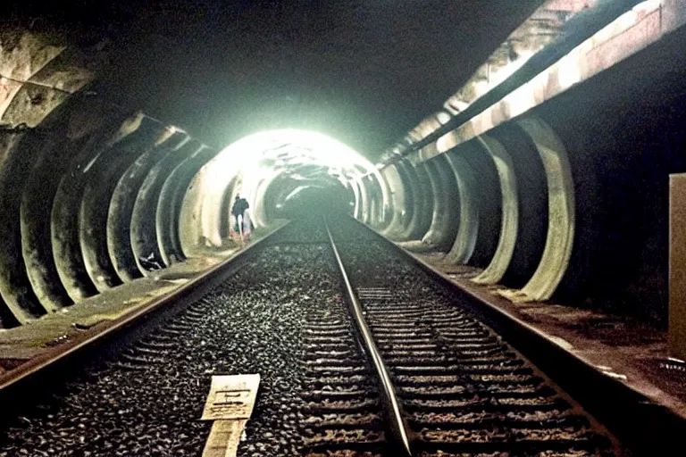 Image similar to very large giant mutant zombie irradiated ( angry rat ) staying on railways in tonnel of moscow subway. tonnel, railways, giant angry rat, very realistic. extreme long shot, low dark light, anish kapoor, herman nitsch, giger.