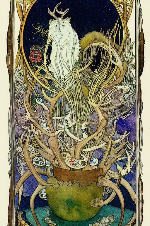 Prompt: a frothy wooden tankard of ale in the center of a frame made of antlers and coins, art by kay nielsen and walter crane, illustration style, watercolor