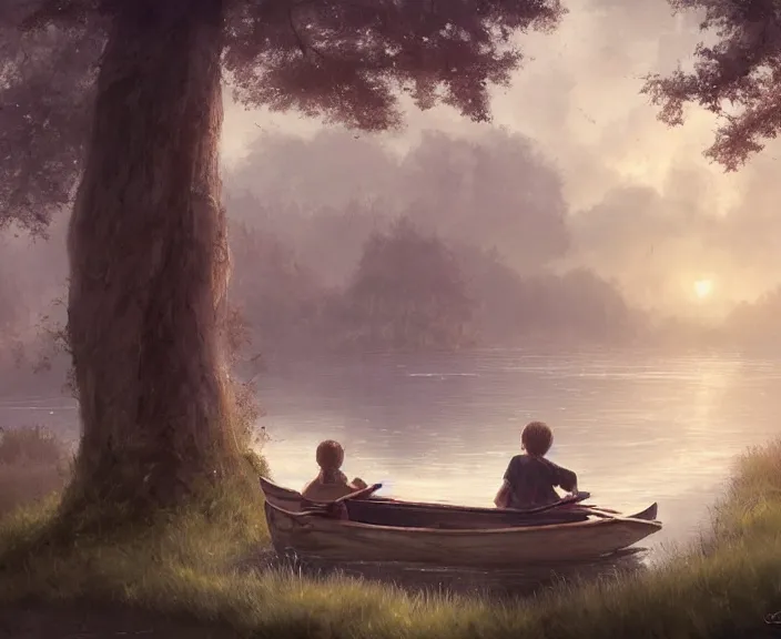 Image similar to a boy and a girl paid sitting together romantically on a long rowboat, girl is leaning on boy’s shoulder. Ripples, trees, shady, atmospheric lighting, details, sharp focus, illustration, by Jordan Grimmer and greg rutkowski, Trending artstation, pixiv, digital art