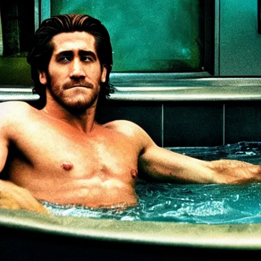 Prompt: movie poster cinestill of Jake Gyllenhaal as patrick Swayze sitting in a hot tub in the movie Road House