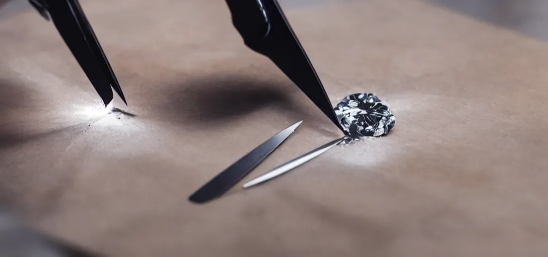 Image similar to a logo of a diamond being cut by golden tailor scissors, 8k