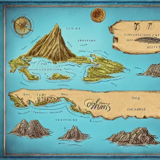 Prompt: imaginary map of an island, drawing of different elements in the lands, different realms, blueprint, infographic, on paper, natural colors, vintage, with notes, highly detailed, trending on artstation, fantasy art