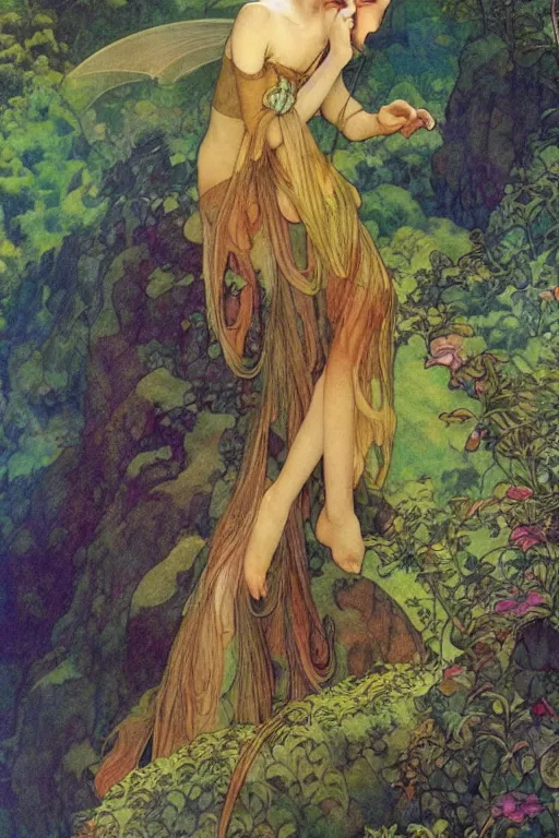 Image similar to a beautiful faerie wearing a silk dress, in a lord of the rings scenery landscape, detailed, rainbowshift, by maxfield parrish, alphonse mucha, brian froud