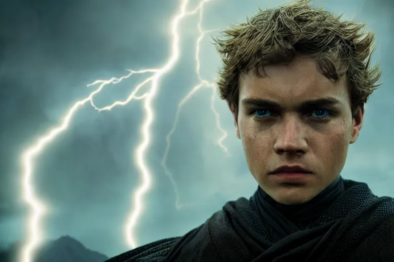 Prompt: an ultra realistic, cinematic, headshot portrait, of anakin skywalker, fire, facial features, background of a lava river, with rain and lightning, detailed, deep focus, movie still, dramatic lighting, ray tracing, by michal karcz and yoshitaka amano