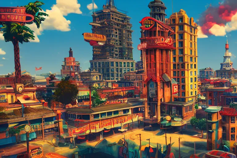 Prompt: beautiful colorful city in the style of a bioshock infinite screenshot