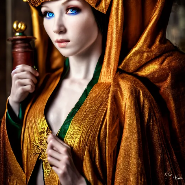 Prompt: beautiful elf with ornate robes, highly detailed, 8 k, hdr, smooth, sharp focus, high resolution, award - winning photo