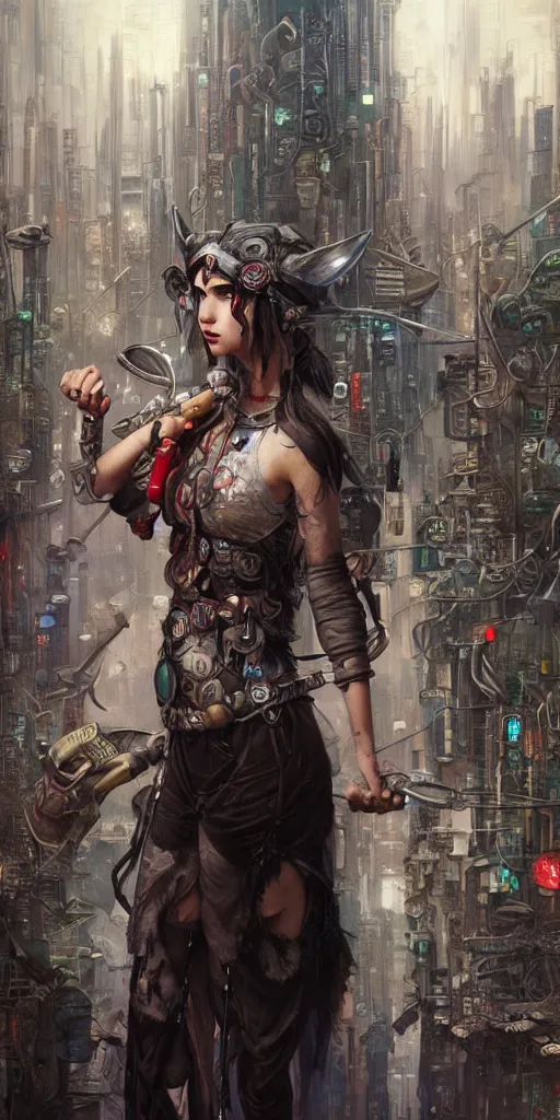 Prompt: hyper realistic Princess Mononoke with her mask, busy cyberpunk metropolis, city landscape, jewels, style of tom bagshaw, mucha, james gurney, norman rockwell, denoised, sharp