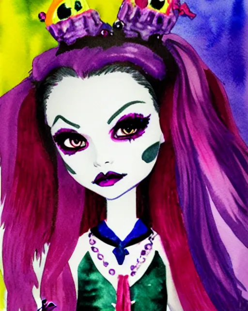 Image similar to watercolor portrait of monster high draculaura doll, by sabrina eras, alice x. zhang, blanca alvarez, liu yi, watercolor