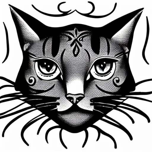 Prompt: tattoo sketch of a one - eyed cat, on a canva, blackwork, ornamental, line art, vector,