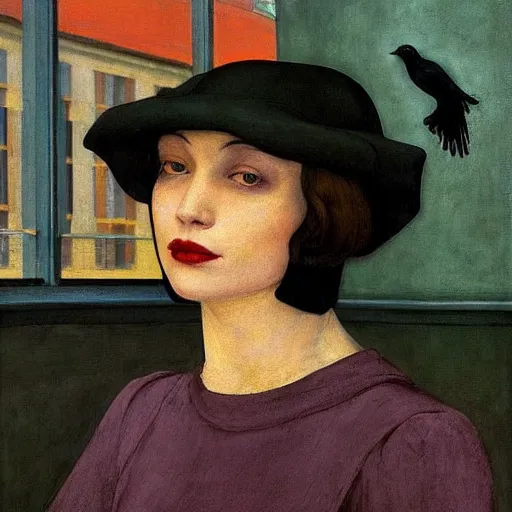 Image similar to a woman in a medieval city, a lots of crows, hyperrealistic film still by edward hopper, by gottfried helnwein, by klimt, by paolo uccello, art nouveau, highly detailed, strong lights, liminal, eerie, symbolist, bright pastel colors