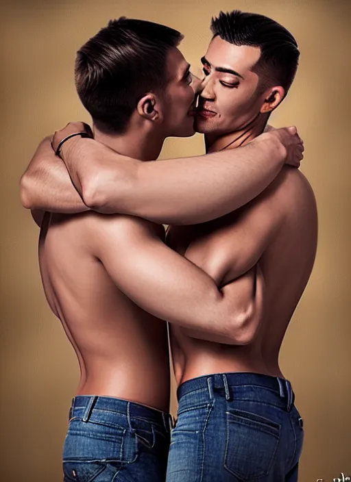 Image similar to photo of two handsome gay men hugging in the style of stefan kostic, realistic, sharp focus, 8 k high definition, insanely detailed, intricate, elegant, art by stanley lau and artgerm