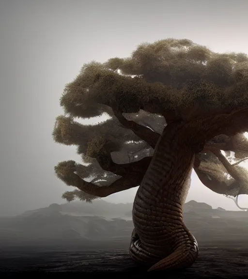 Image similar to surreal theory of ancient futuristic anaconda tree in the desert, foggy sky, dark night, octane render, unreal engine, pale colors, high detail, 8 k, wide angle, trending on artstation, behance