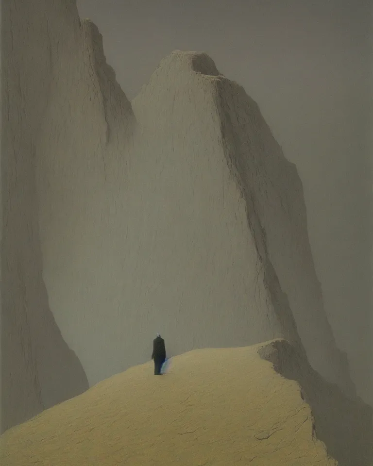 Prompt: Man in front of the cliff of death by Zdzisław Beksiński