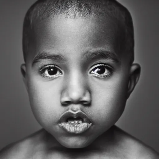 Image similar to the face of kanye west at 4 years old, portrait by julia cameron, chiaroscuro lighting, shallow depth of field, 8 0 mm, f 1. 8