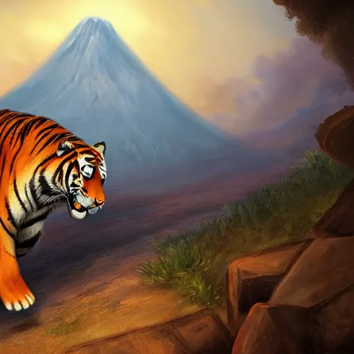 Image similar to tiger running from a volcano by justin gerard, deviantart