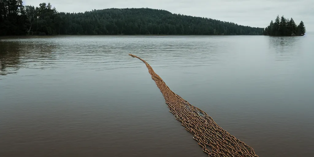 Prompt: centered photograph of a single line of thick big brown \ long rope floating on the surface stretching out to the center of the lake, a dark reflective lake sandy shore on a cloudy day, color film, trees in the background, hyper - detailed kodak color film photo, anamorphic lens