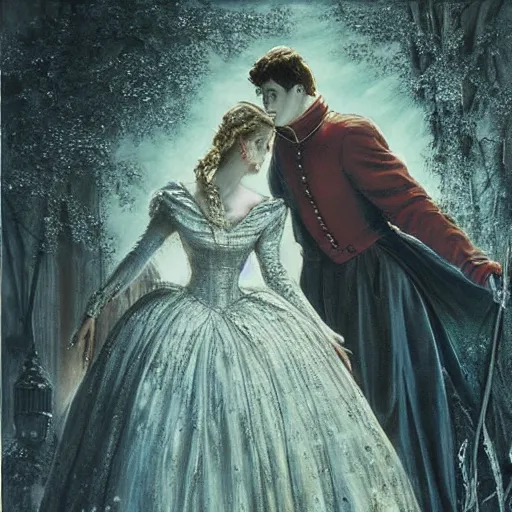 Prompt: realistic portrait charming beautiful painting from Cinderella film scene, when Cinderella become Bloody Mary dance with prince . Horror, created by Gustave Dore.