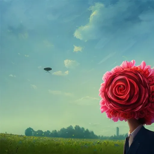 Image similar to portrait, giant rose flower head, girl in a suit, surreal photography, sunrise, blue sky, dramatic light, impressionist painting, digital painting, artstation, simon stalenhag