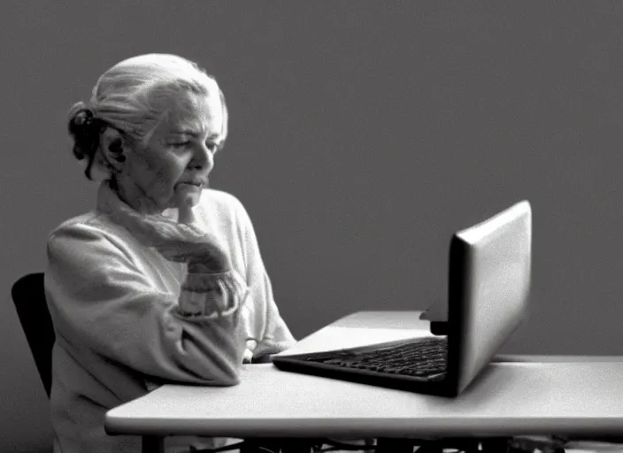 Image similar to film still of an elderly woman on fire using a desktop computer 1 9 9 8, 8 k